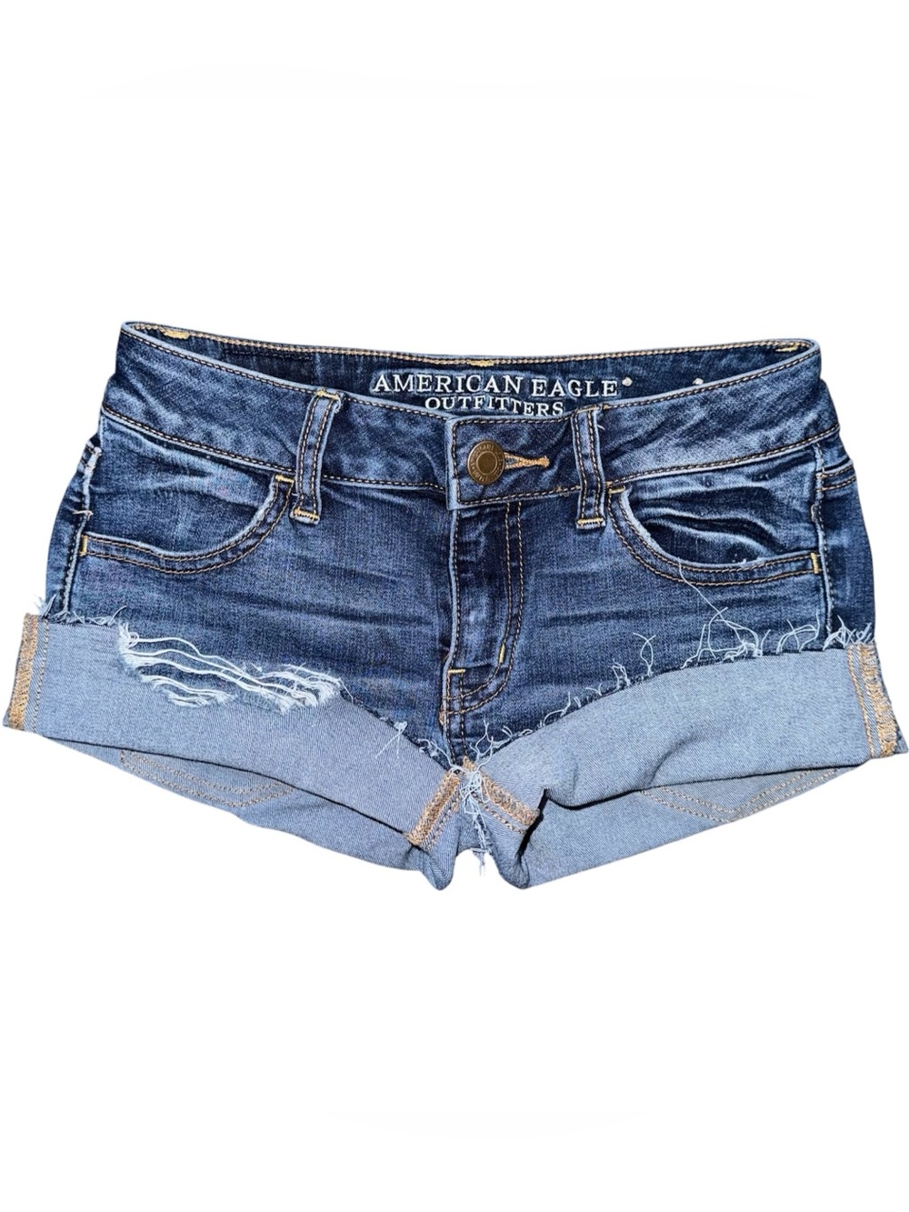 American Eagle Low Rise Micro Mini Jean Booty Shorts Distressed Sz 0 y2k grunge